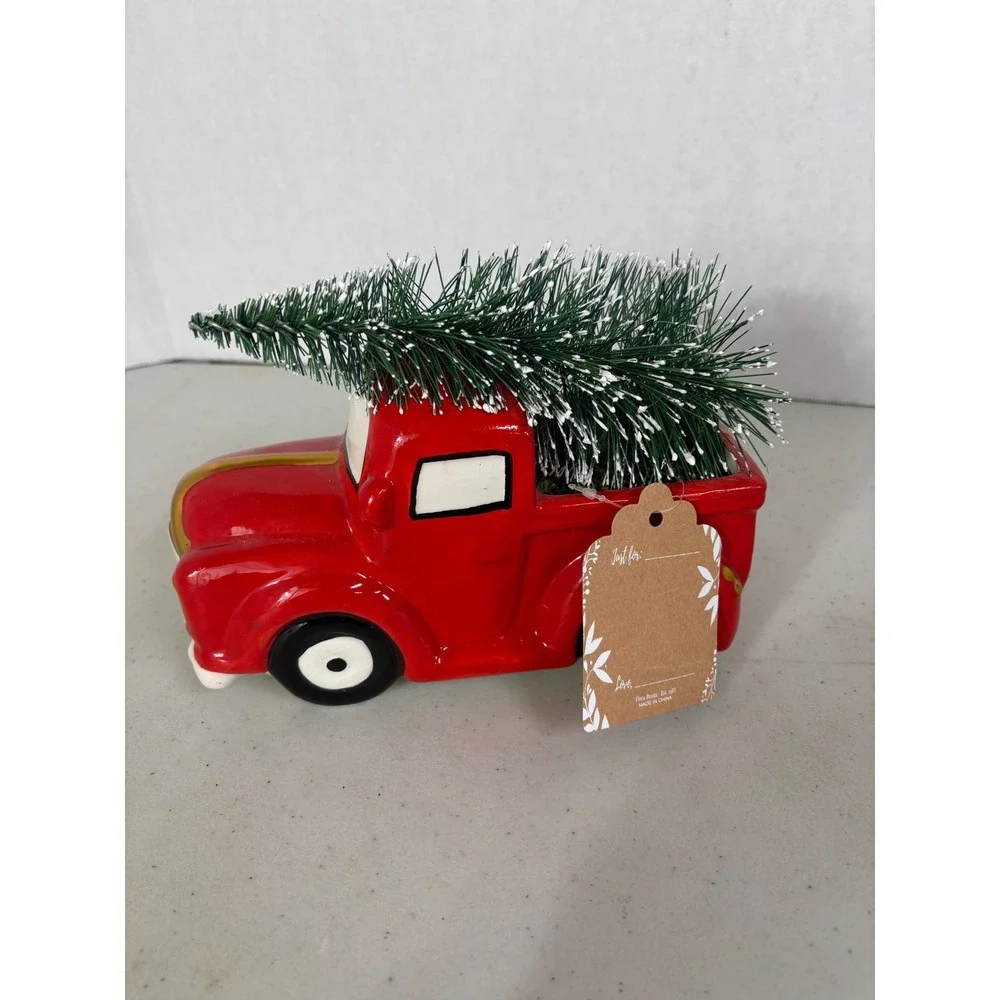 Red Ceramic Vintage Pickup Truck Christmas Tree Planter Decor‎ Figurine